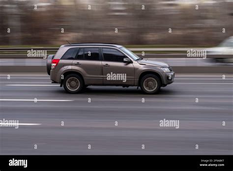 Ukraine Kyiv March Silver Suzuki Grand Vitara Car Moving On