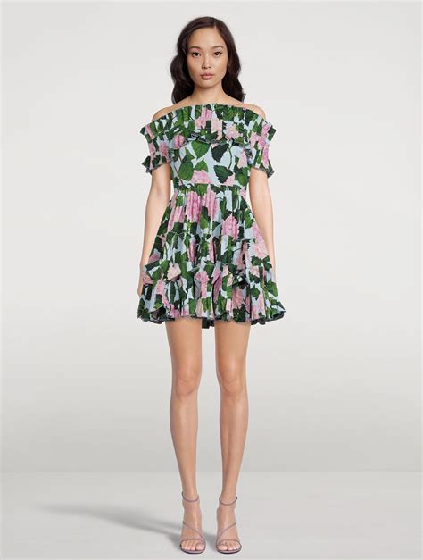 Oscar De La Renta Off The Shoulder Poplin Dress In Hydrangea Print