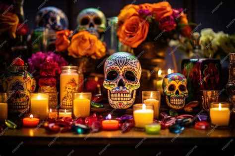 Premium AI Image | Day of the Dead Altar with sugar skulls and candles