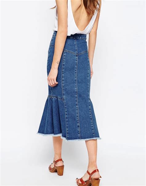 Lyst Asos Denim Midi Skirt With Ruffle Hem