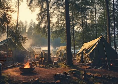 Premium AI Image | A panoramic view of a scout's campsite nestled in a ...