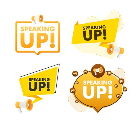 Megaphone Label Set With Text Speaking Up Megaphone In Hand Promotion Banner Marketing And