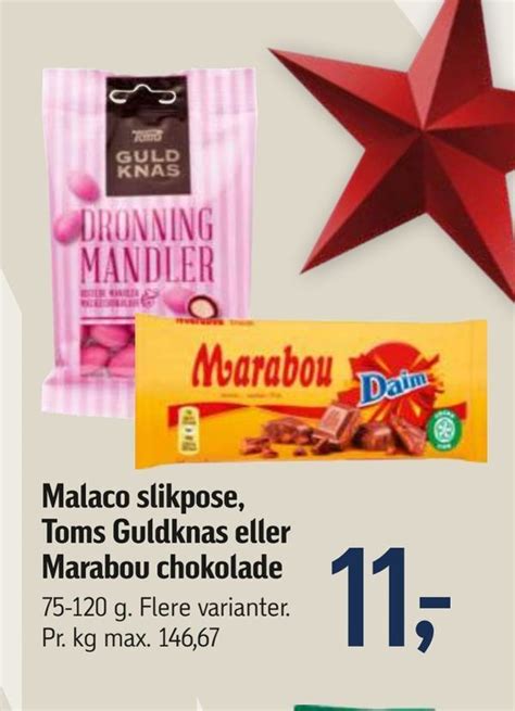 Malaco slikpose toms guldknas eller marabou chokolade tilbud hos Føtex