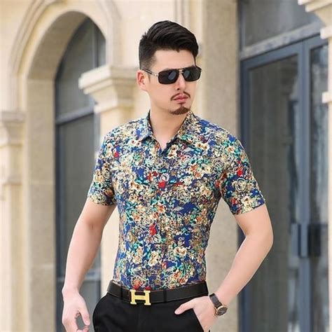 Gold Bronzing Flower Shirt Men Luxury Brand Design Baroque Mens Dress