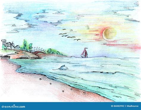 Seascape Pencil Drawing Vector Illustration | CartoonDealer.com #19977014