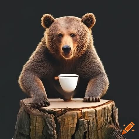 Satirical Illustration Of A Bear Drinking Tea On A Tree Stump On Craiyon