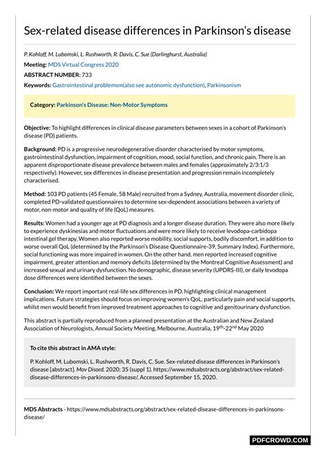 Pdf Sex Related Disease Differences In Parkinsons Disease