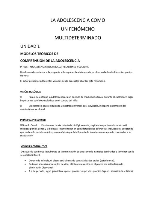 Unidad 1 Psi LA ADOLESCENCIA COMO UN FENMENO MULTIDETERMINADO