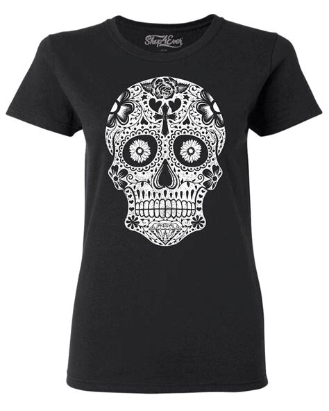 Shop4ever Womens Day Of The Dead White Skull Graphic T Shirt Large