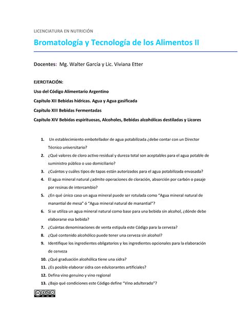 Ejercitación CAA Aguas y Bebidas Alcohólicas Bromatología II UNLa