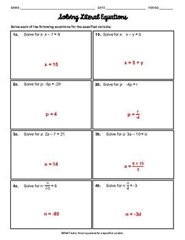 Solving Literal Equations Solve For Y Worksheet By Almighty Algebra