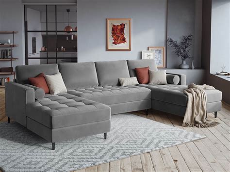 Panoramiczna Sofa Pikowana Santo Aksamit Szara Nogi Czarne Design Town