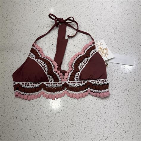 BECCA Brown And Pink Bikini Top With Lace Detail Depop