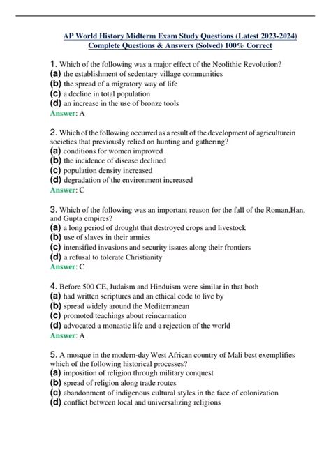 AP World History Midterm Exams Set Exam Study Questions Latest