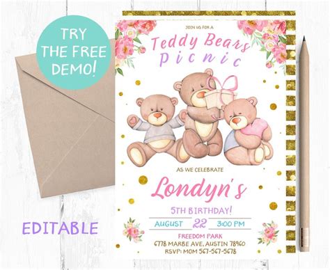 Teddy Bears Picnic Invitations Teddy Bear Picnic Birthday Invitation