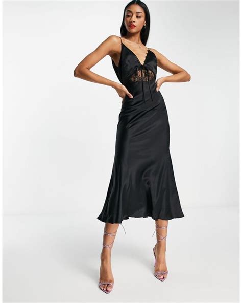 Asos Bias Satin Slip Midi Dress With Delicate Lace Detail And Tie Front