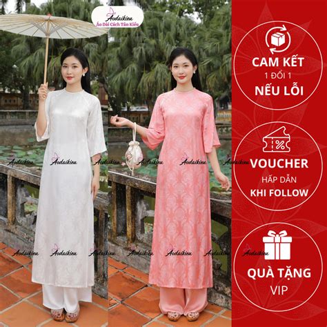 Áo dài Gấm Thọ mẫu gấm tết hot trenl dáng suông đẹp cổ tròn lụa mềm A Áo Dài Cách Tân