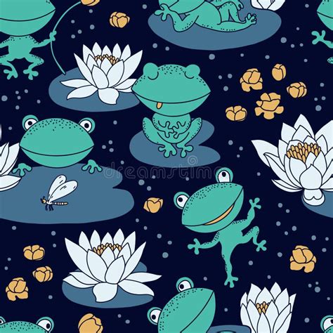 Frogs And White Lilies Seamless Pattern Hand Drawn Cartoon Style Stock