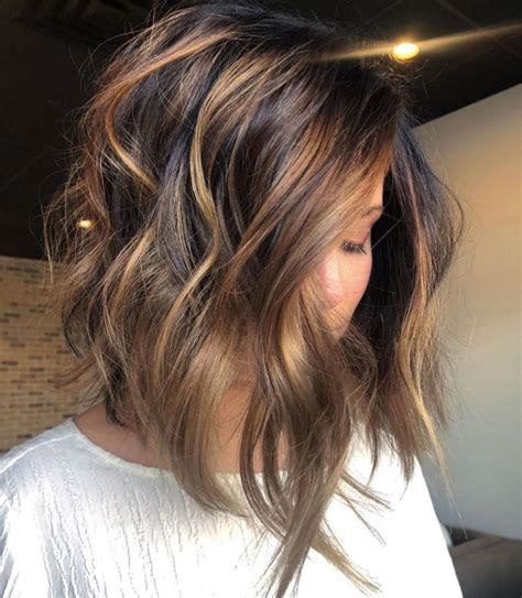 Long Brown Bob With Caramel Highlights Brunette Hair Color Brown