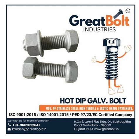 Carbon Steel Grade 4 8 8 8 10 9 12 9 HDG Hot DIP Galvanized Hex Bolt With Nut Flat Spring Washer