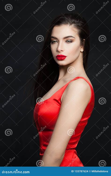 Fashion Model Brunette With Long Hair And Red Lips Makeup Stock Photo Image Of Beautiful