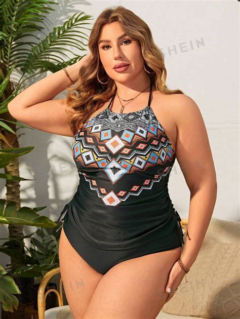 Shein Swim Curve Plus Size Women S Geometric Print Halter Neck Bikini