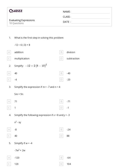 50 Evaluating Expressions Worksheets For 7th Grade On Quizizz Free And Printable