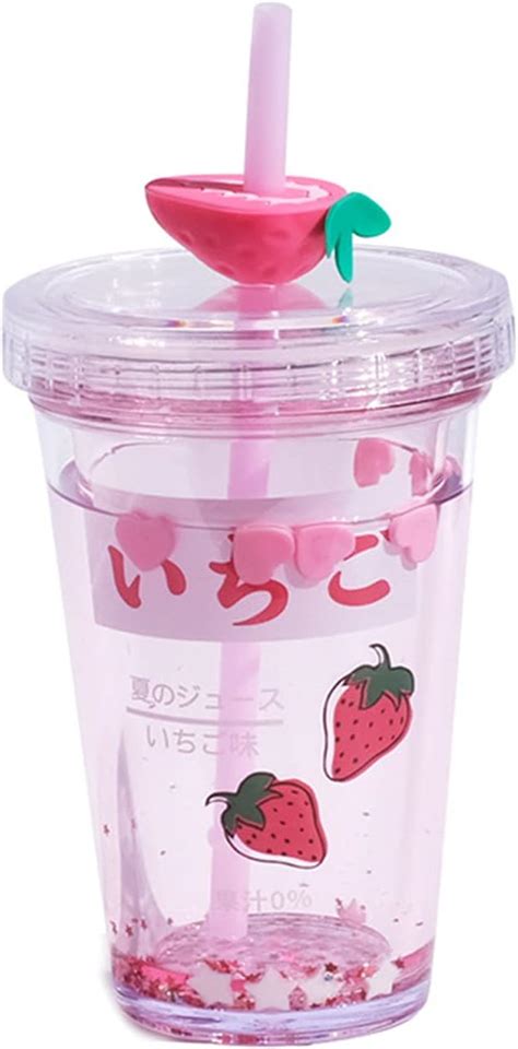 Qwdlid 500ml Strawberry Cup Cute Plastic Straw Cups With Lid And Strawberry Pendant