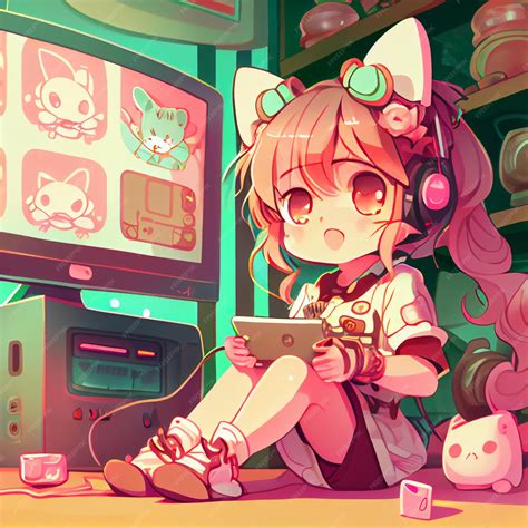 Premium Photo Kawaii Girl Playing Video Games Cute Gamer Kid Illustration