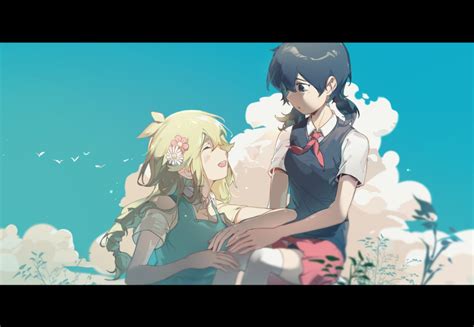 Safebooru 2girls Basil Omori Black Hair Blonde Hair Blue Eyes Blush