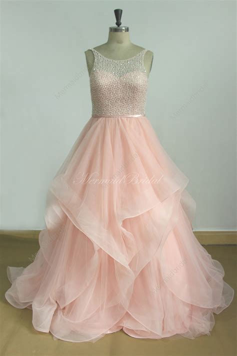 Romantic Blush Pink A Line Tulle Wedding Dress With Swarovski Etsy