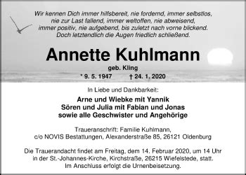 Traueranzeigen Von Annette Kuhlmann Nordwest Trauer De