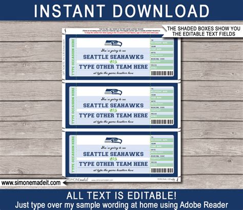 Seattle Seahawks Game Ticket T Voucher Printable Surprise Football