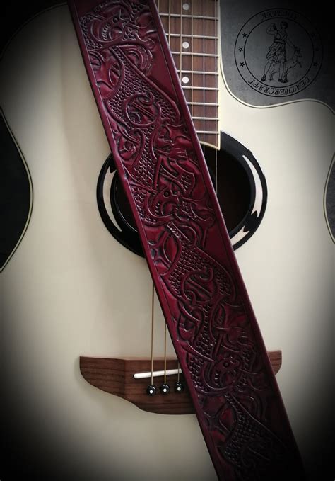 Carved Leather Guitar Strap Hand Tooled Can Be Personalized With Your Initialsceltic Dragons