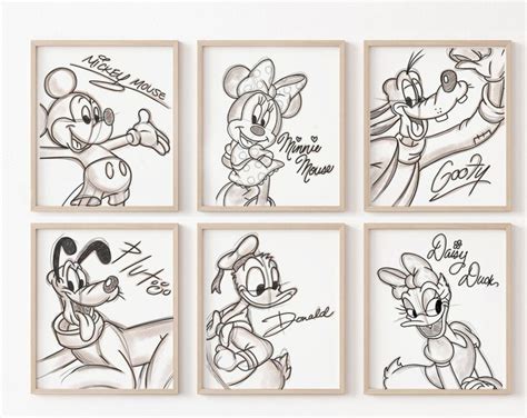 Mickey Mouse And Friends Art Print Set Of 6 Print Sketched Boho