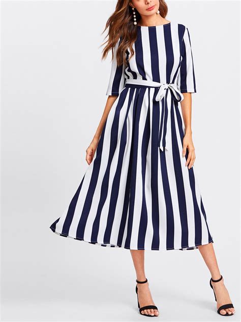 Button Keyhole Back Self Belt Vertical Striped Dress Vertical Striped