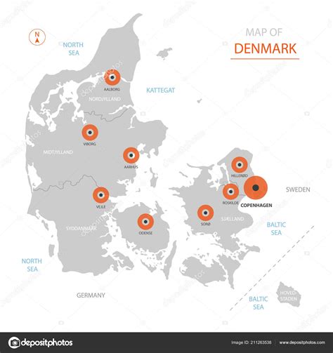 Vetor Estilizado Mapa Dinamarca Mostrando Grandes Cidades Capital