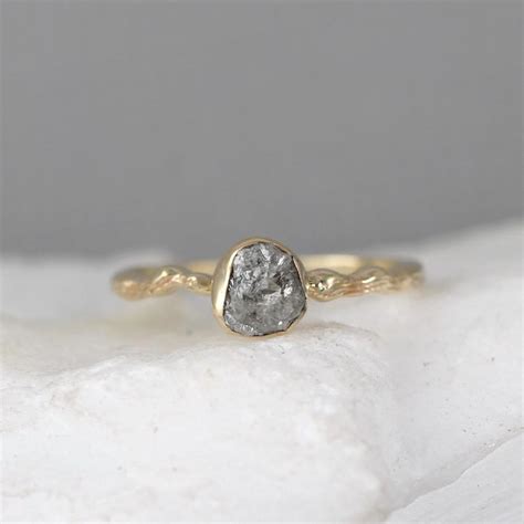 Raw Diamond Twig Engagement Ring - 14K Yellow Gold Branch Rings - Uncut ...