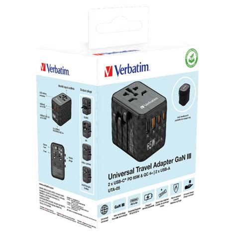 Verbatim GaN III Universal Travel Adapter UTA 05 65W With 2 X USB C PD