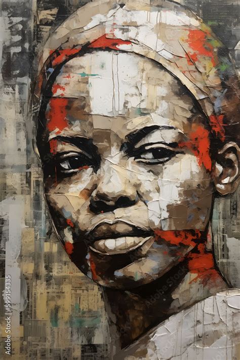 Abstract Painting Concept Colorful Art Style Portrait Of African Woman In Torn Paper Collage