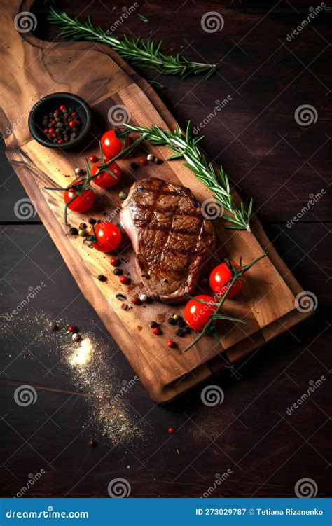 Filete De Buey Asado Con Tomates De Cerezo En Tablero De Corte De