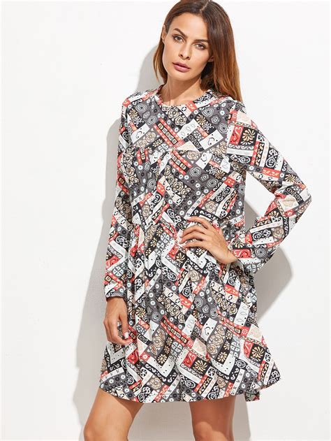 Multicolor Floral And Geo Print A Line Dress SheIn Sheinside