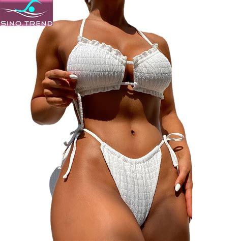 SINO TREND Ready Stock Woman Swimming Suit New Wrinkled Halter