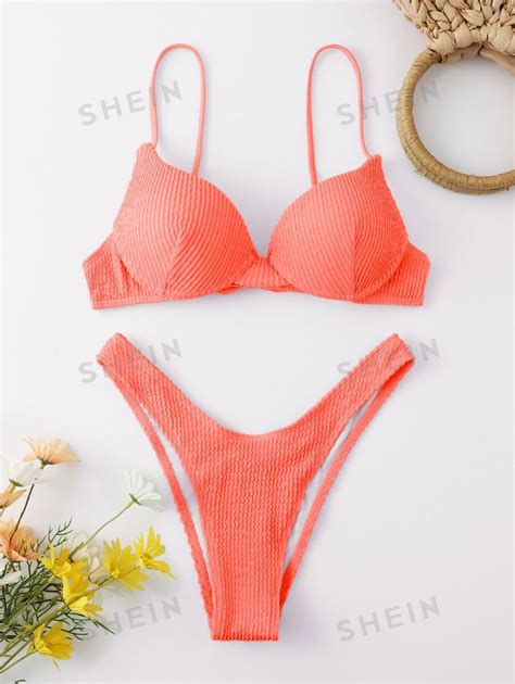 Shein Swim Basics Summer Beach Textured Bikini Set Push Up Bikini Top