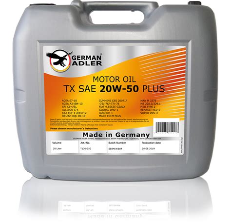 Motor Oil - SAE 20W-50 PLUS - GERMAN ADLER - Made in Germany