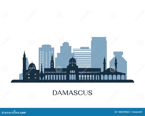 Damascus Skyline, Monochrome Silhouette. Stock Vector - Illustration of ...