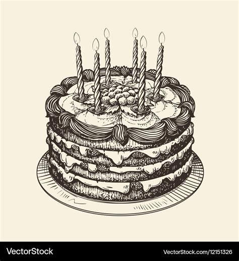 Happy birthday cake with burning candles sketch Vector Image