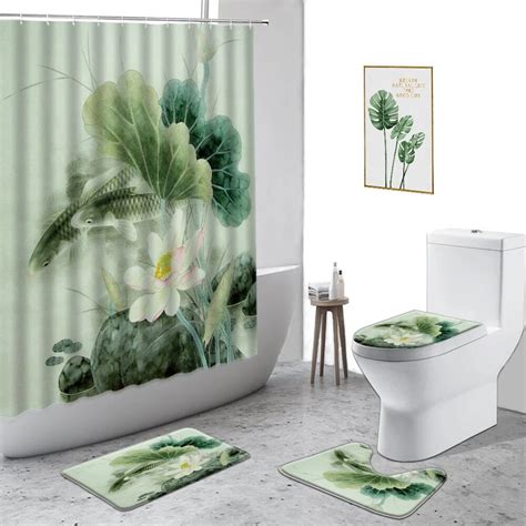 Pink Flowers Swan Shower Curtain Chinese Landscape Bathroom Set Anti