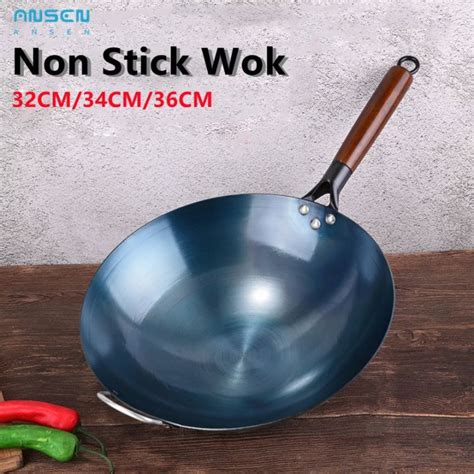 ANSEN Kawali Wok Non Stick Black Carbon Steel Wok For Gas Stove