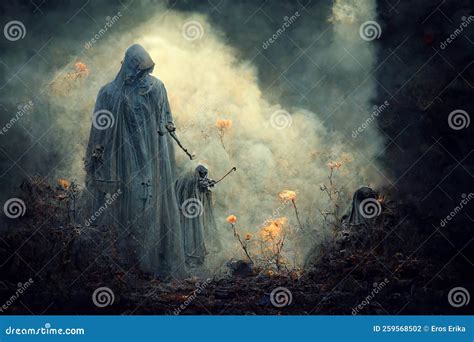 Grim Reaper With Haunted Creepy Graveyard Digital Art Stock